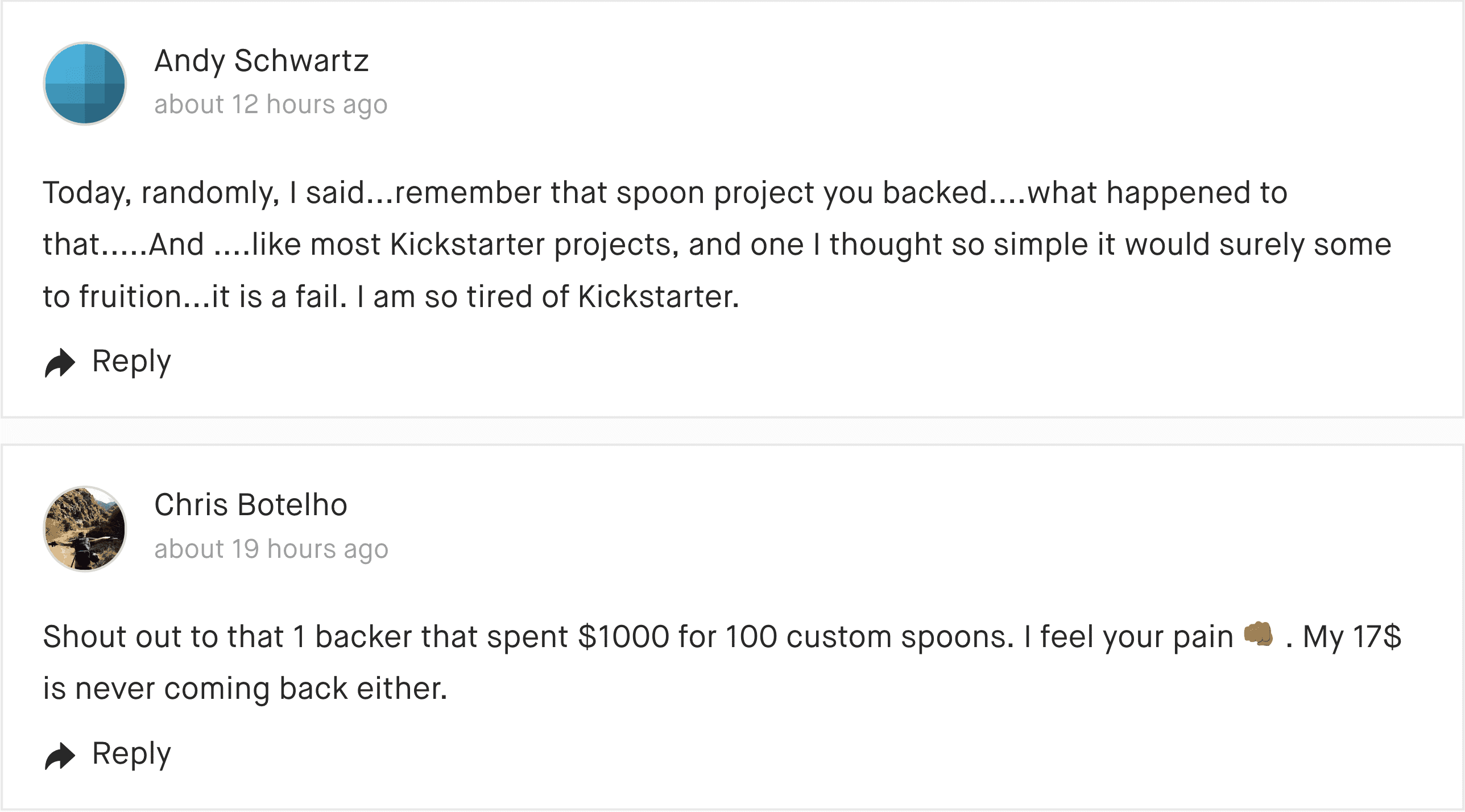 Backers commenting on Polygons' Kickstarter page, calling it a fraud.