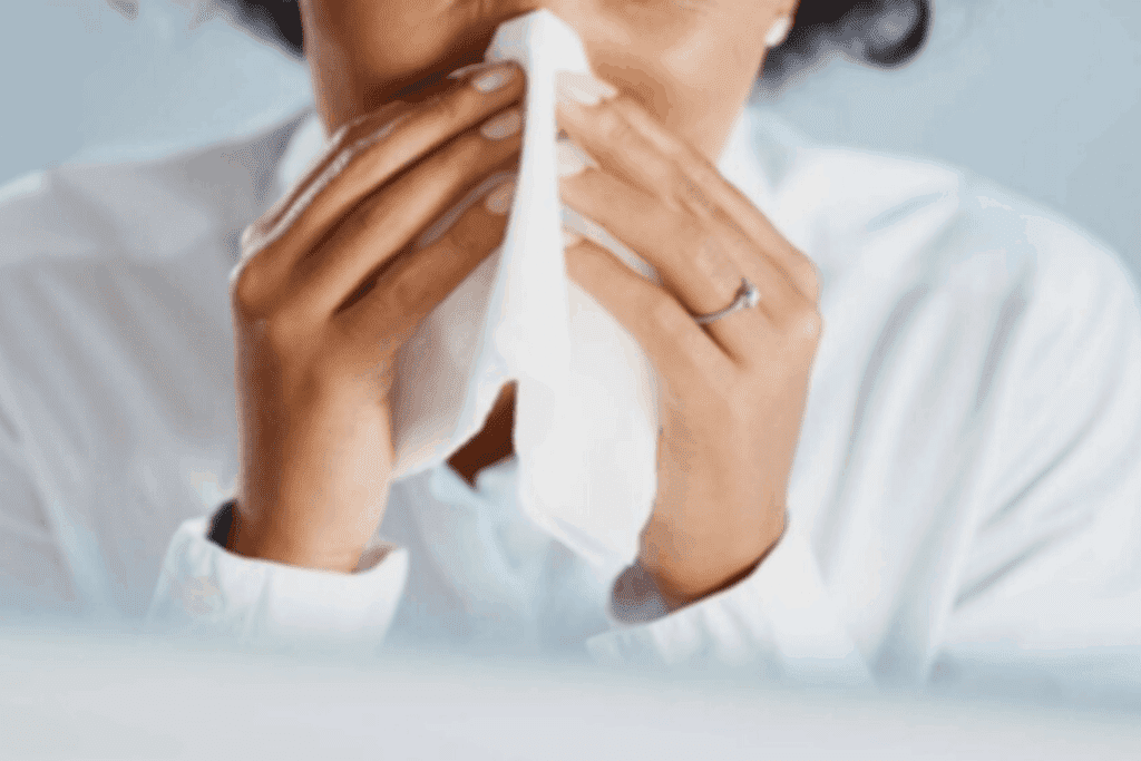 woman blowing nose into tissue