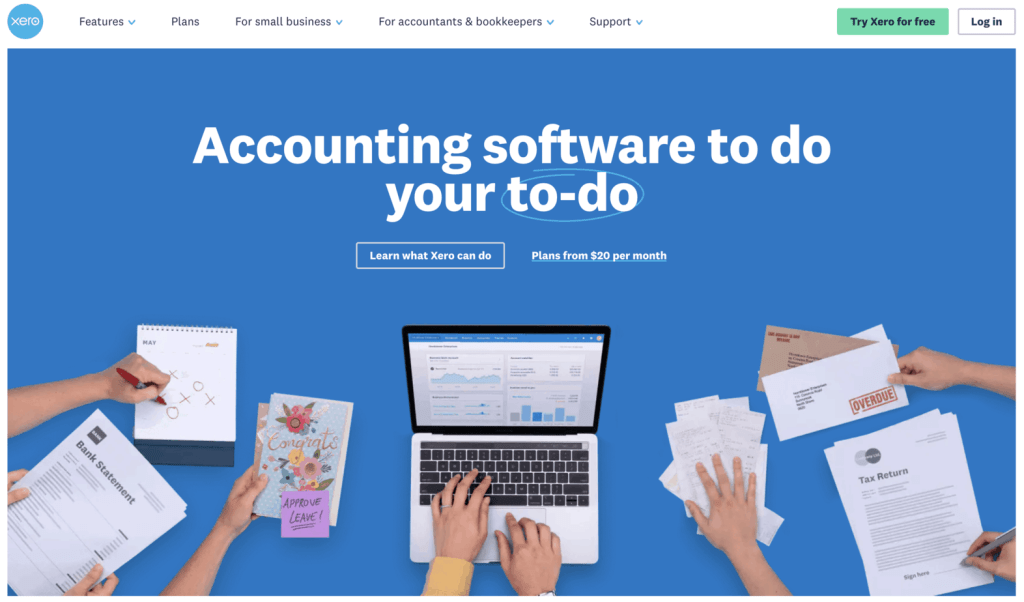 Landing page of Xero website, highlighting the navigation tabs
