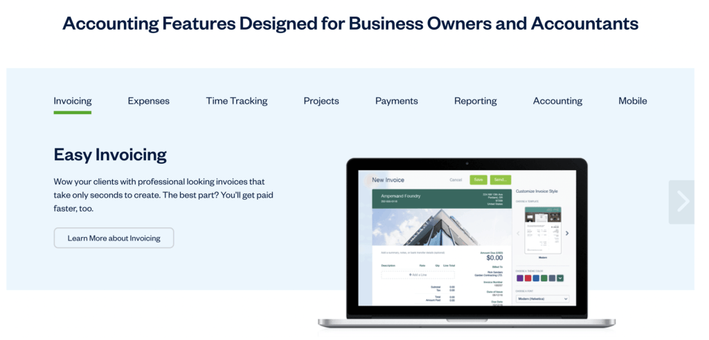 Landing page of Freshbooks Accounting, highlighting the navigation tabs
