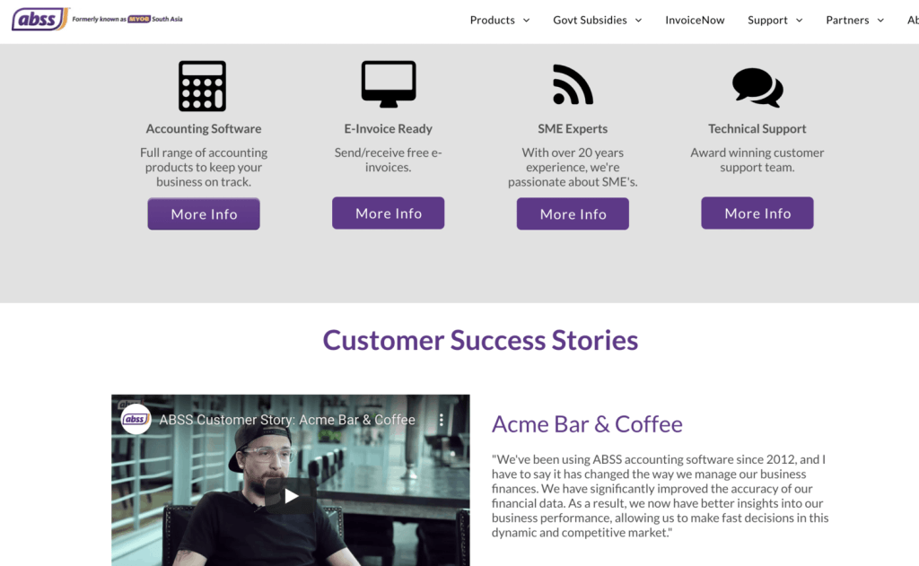 Landing page of ABSS website, highlighting the product features