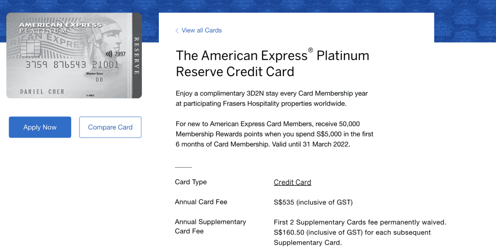 Premium Credit Card Singapore - American Express® Platinum Reserve Credit Card
