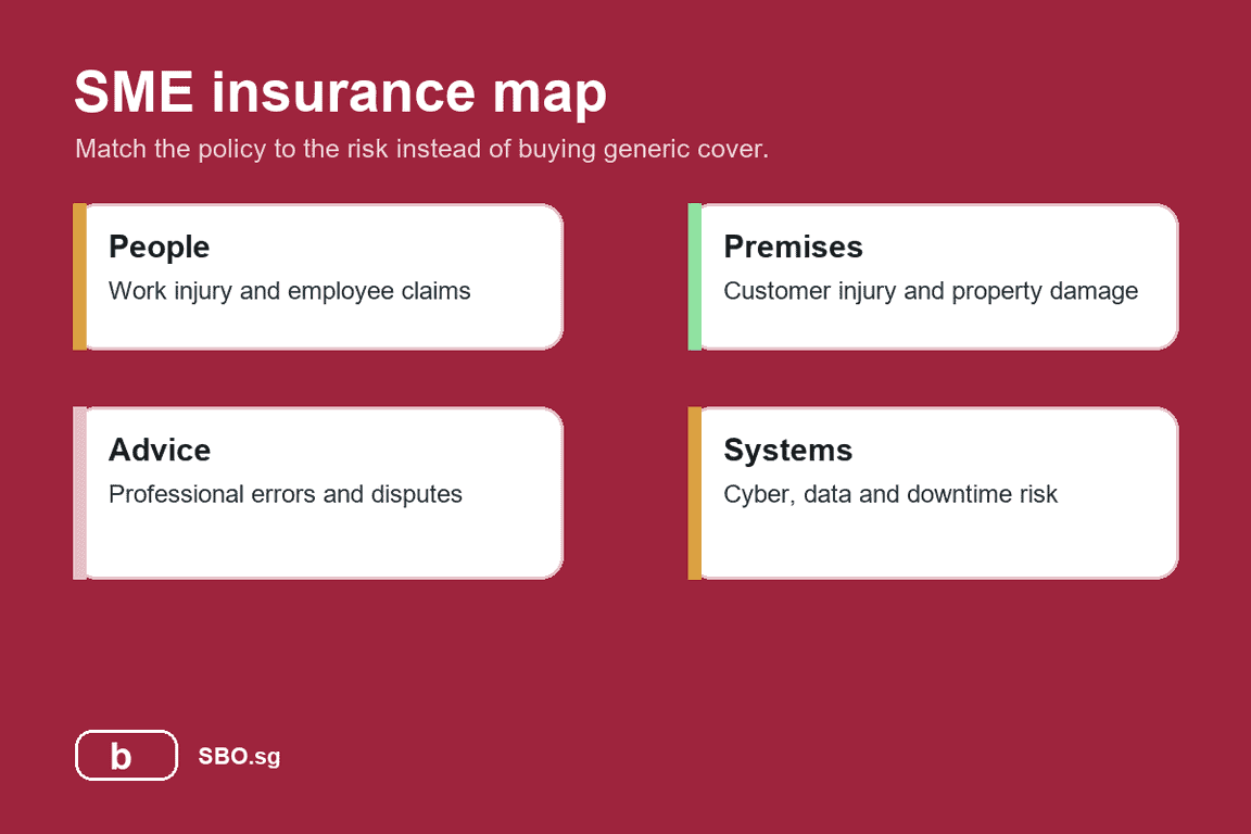 Infographic mapping common SME business insurance risks in Singapore.