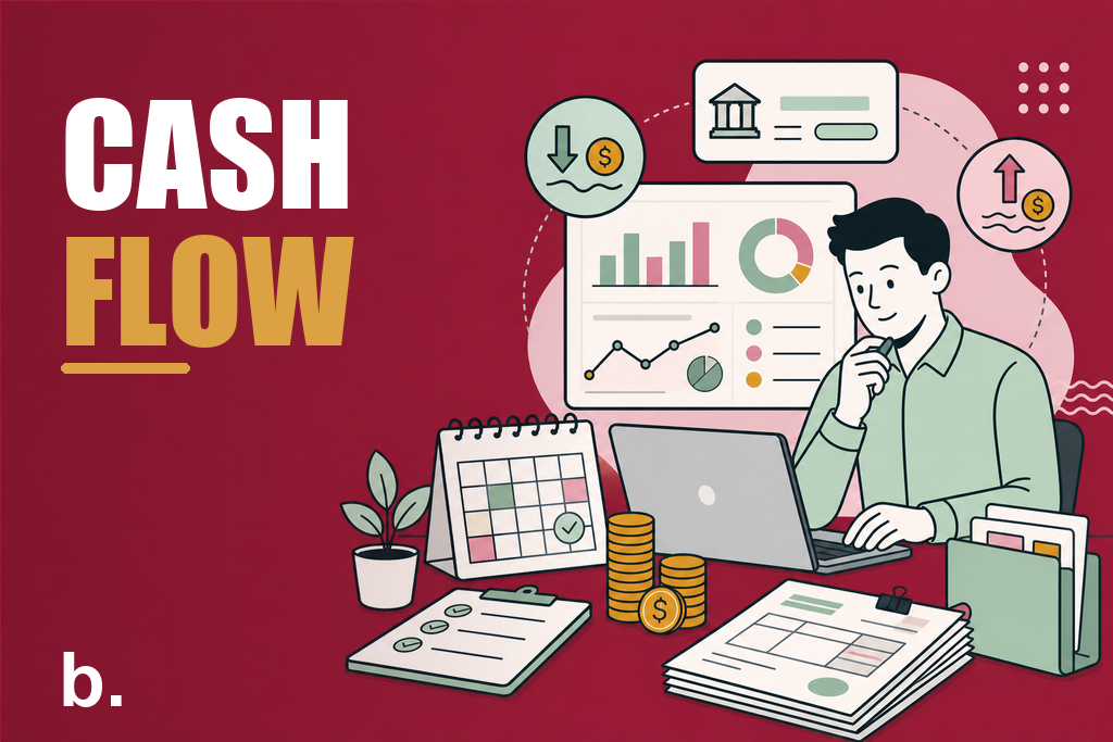 Singapore SME owner reviewing a cash flow dashboard with receivables and payables