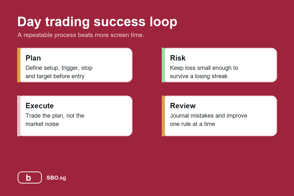 Infographic showing the day trading success loop: plan, risk, execute and review.