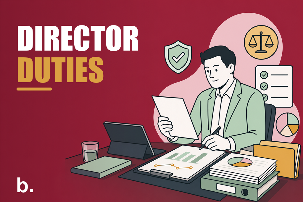 Company director reviewing governance documents and business oversight charts