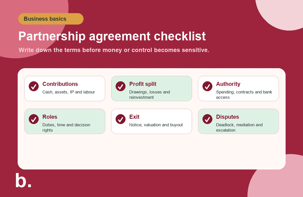 Infographic checklist of key clauses to include in a Singapore partnership agreement.