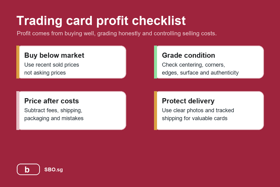 Infographic showing the trading card profit checklist: buy below market, grade condition, price after costs and protect delivery.