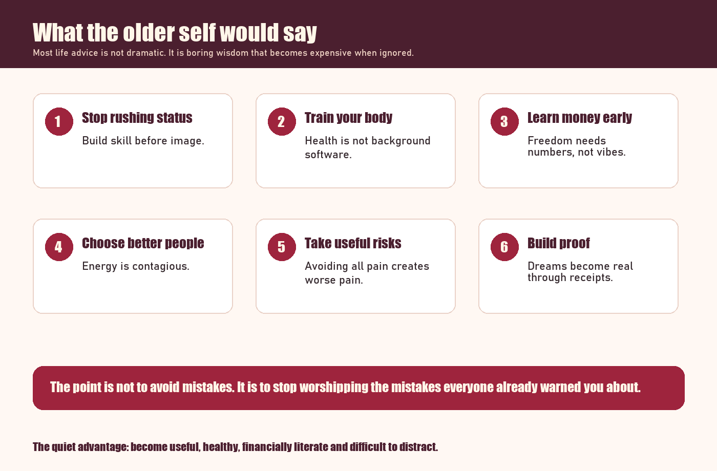 Infographic summarising advice a 40-year-old man would give his 21-year-old self about status, health, money, people, risks and proof.