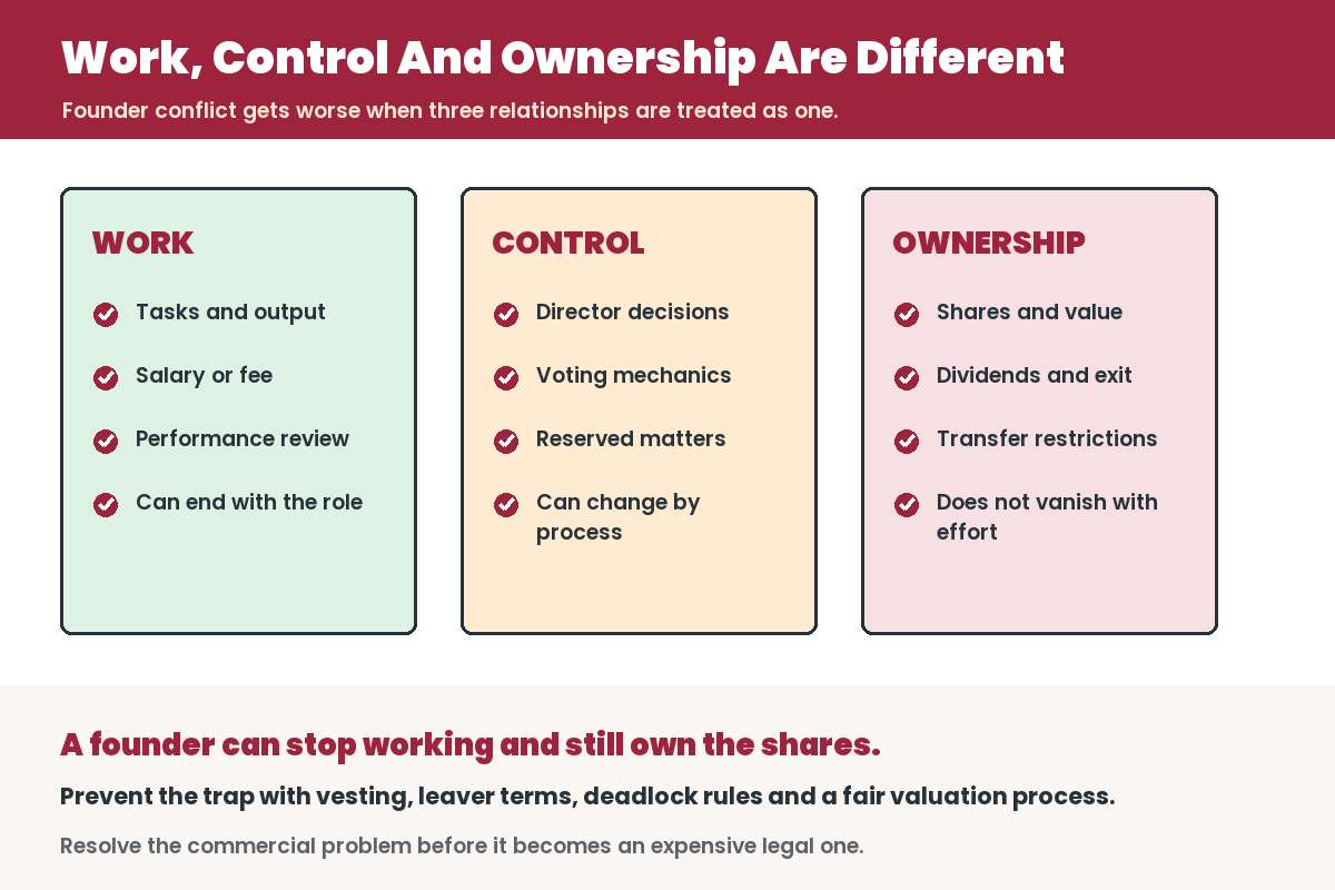 Infographic separating founder work, company control and share ownership