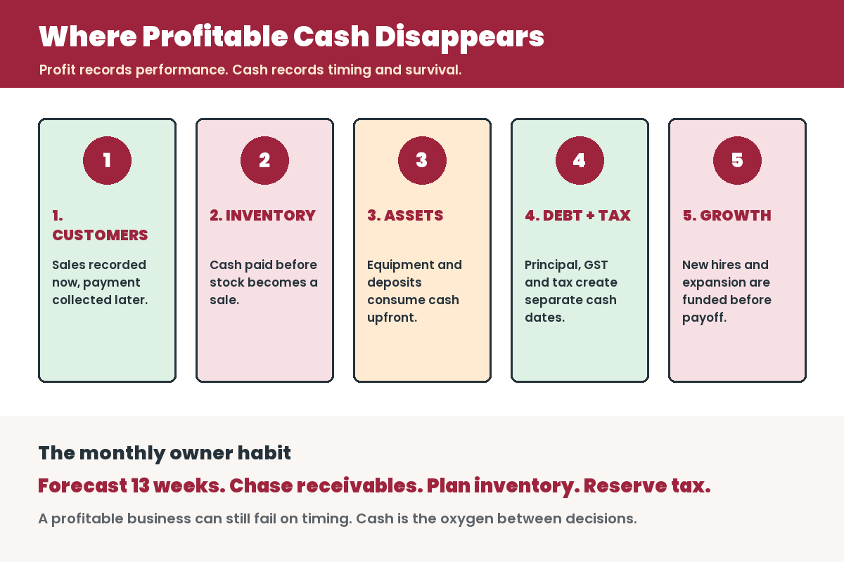 Infographic explaining five places cash disappears from a profitable business