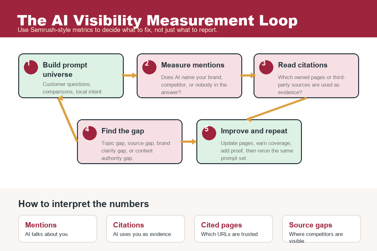 Infographic showing the AI visibility measurement loop from prompt universe to mentions, citations, gaps and monthly improvement
